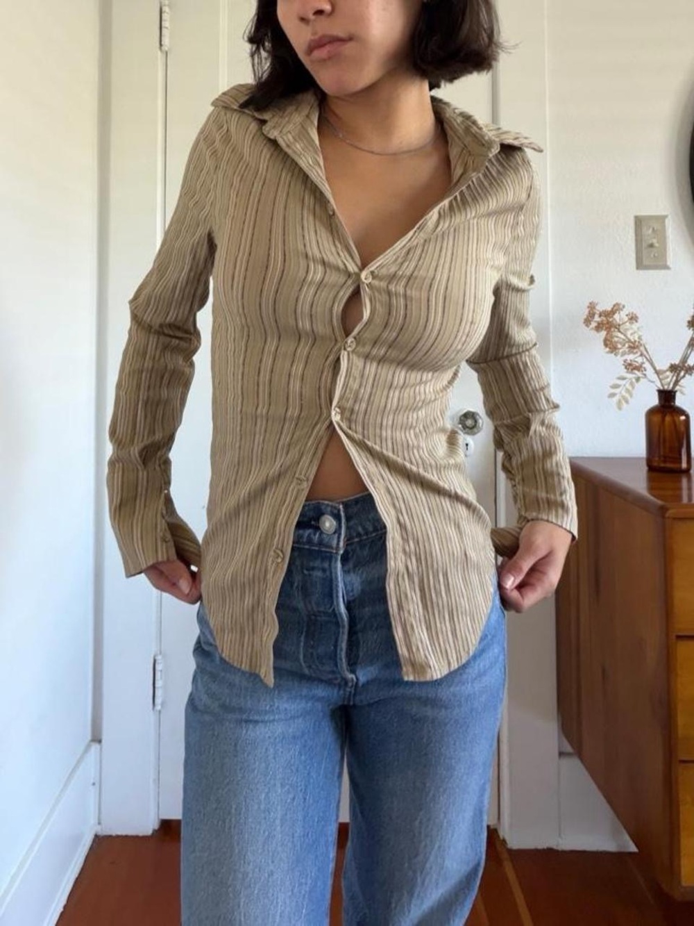 Princess Polly tan striped button up blouse